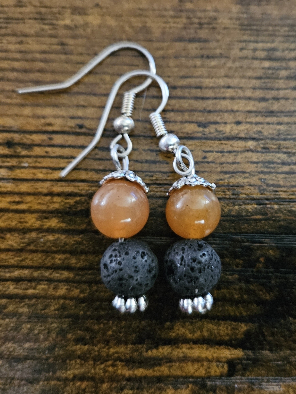 Orange Carnealian and Black Lava Bead Drop Earrings - Silver Tone